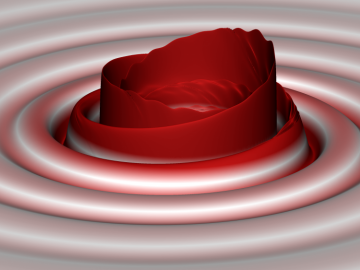 Gravitationswellen beim Verschmelzen zweier Schwarzer Löcher (Credits: S. Ossokine, A. Buonanno, R.Haas /AEI, Simulating eXtreme Spacetime project) Graphische Darstellung von Gravitationswellen beim Verschmelzen zweier Schwarzer Löcher (Credits: S. Ossokine, A. Buonanno, R.Haas /AEI, Simulating eXtreme Spacetime project)