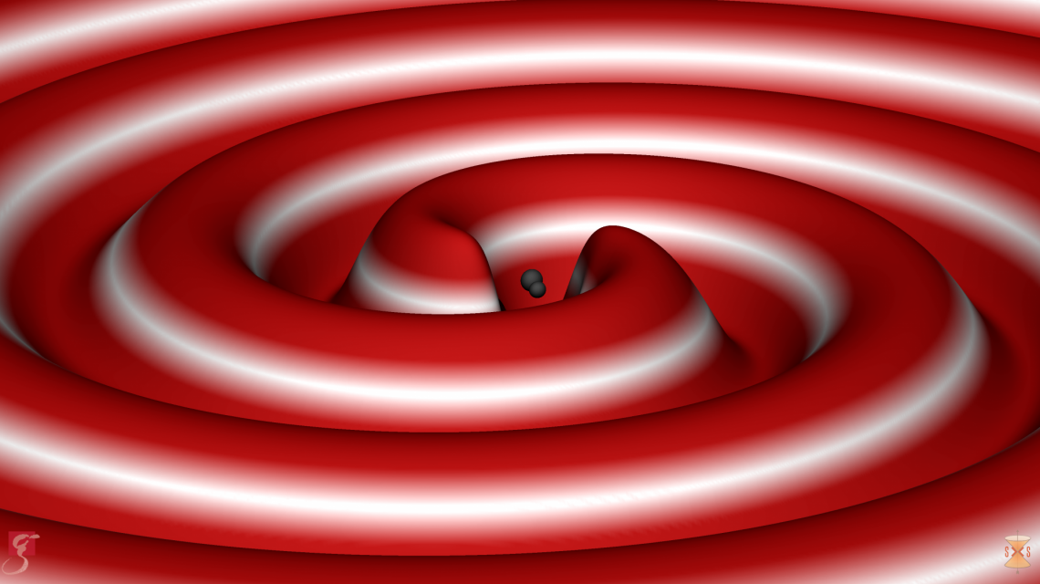Gravitationswellen beim Verschmelzen zweier Schwarzer Löcher (Credits: S. Ossokine, A. Buonanno, R. Haas /AEI, Simulating eXtreme Spacetime project) Graphische Darstellung von Gravitationswellen beim Verschmelzen zweier Schwarzer Löcher (Credits: S. Ossokine, A. Buonanno, R. Haas /AEI, Simulating eXtreme Spacetime project)
