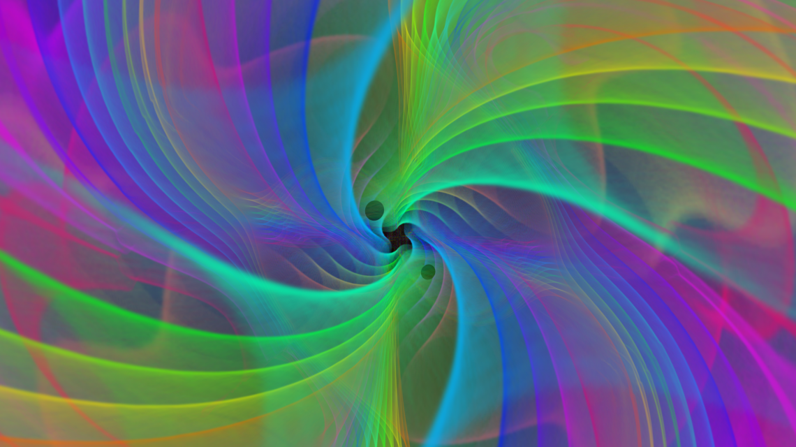 Simulation zweier verschmelzender Schwarzer Löcher (Copyright: S. Ossokine, A. Buonanno/AEI, Simulating eXtreme Spacetime project, D. Steinhauser/Airborne Hydro Mapping GmbH)