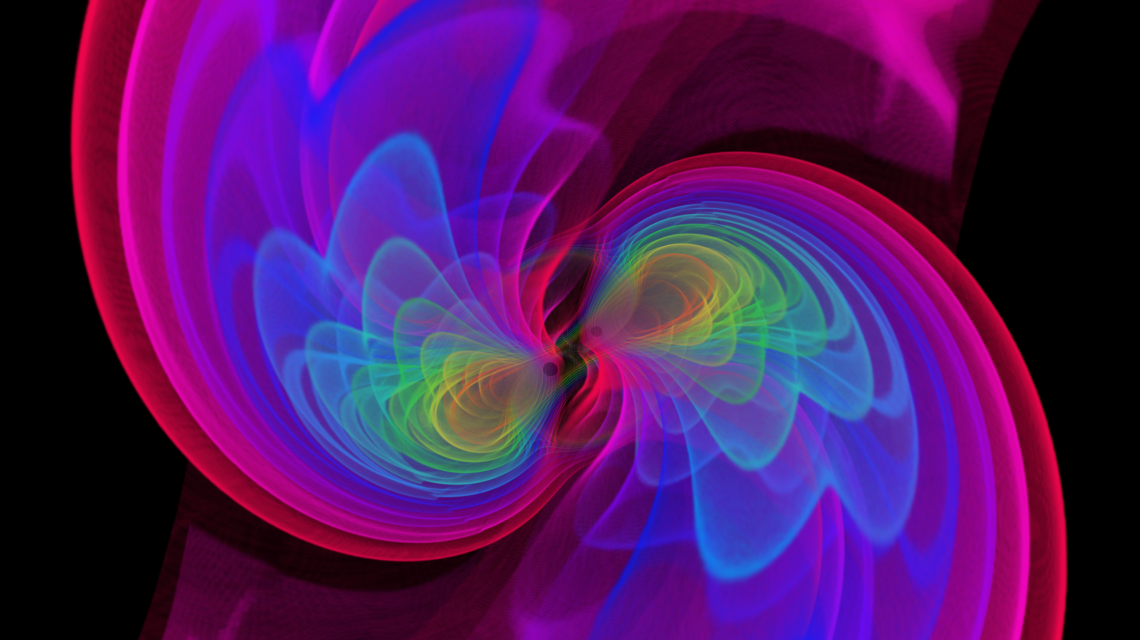 Gravitationswellen beim Verschmelzen zweier Schwarzer Löcher (Credits: S. Ossokine, A. Buonanno / AEI, Simulating eXtreme Spacetime project, D. Steinhauser/Airborne Hydro Mapping GmbH) Graphische Darstellung von Gravitationswellen beim Verschmelzen zweier Schwarzer Löcher (Credits: S. Ossokine, A. Buonanno / AEI, Simulating eXtreme Spacetime project, D. Steinhauser/Airborne Hydro Mapping GmbH)